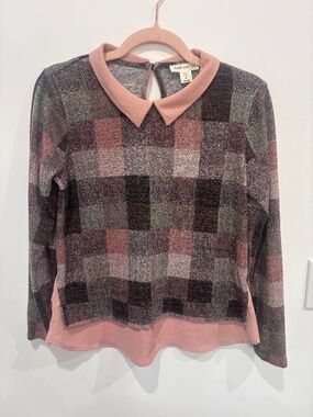 Faith & Joy LA Checkered Knit Sweater Pink Collar Layered Hem Women’s Small
